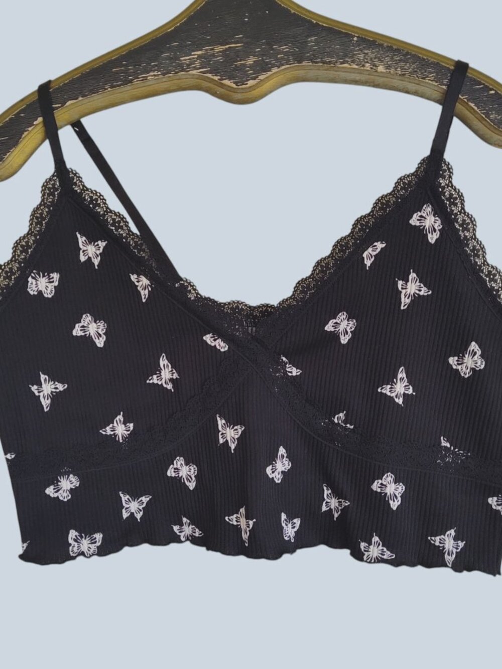 H&M Divided Butterfly Print Lace Trim Black Ribbed Stretch Cropped Camisole XL